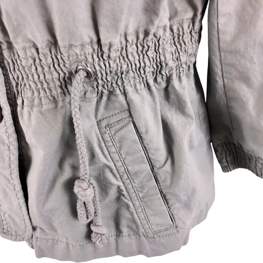 Ann Taylor Loft Gray Utility Cargo Jacket Multiple Pockets Adjustable Tie Waist